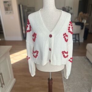 Pink Lily White Cardigan with Red Heart Accents